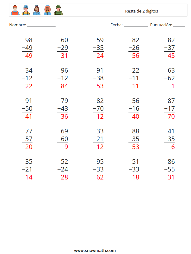 (25) Resta de 2 dígitos Hojas de trabajo de matemáticas 12 Pregunta, respuesta