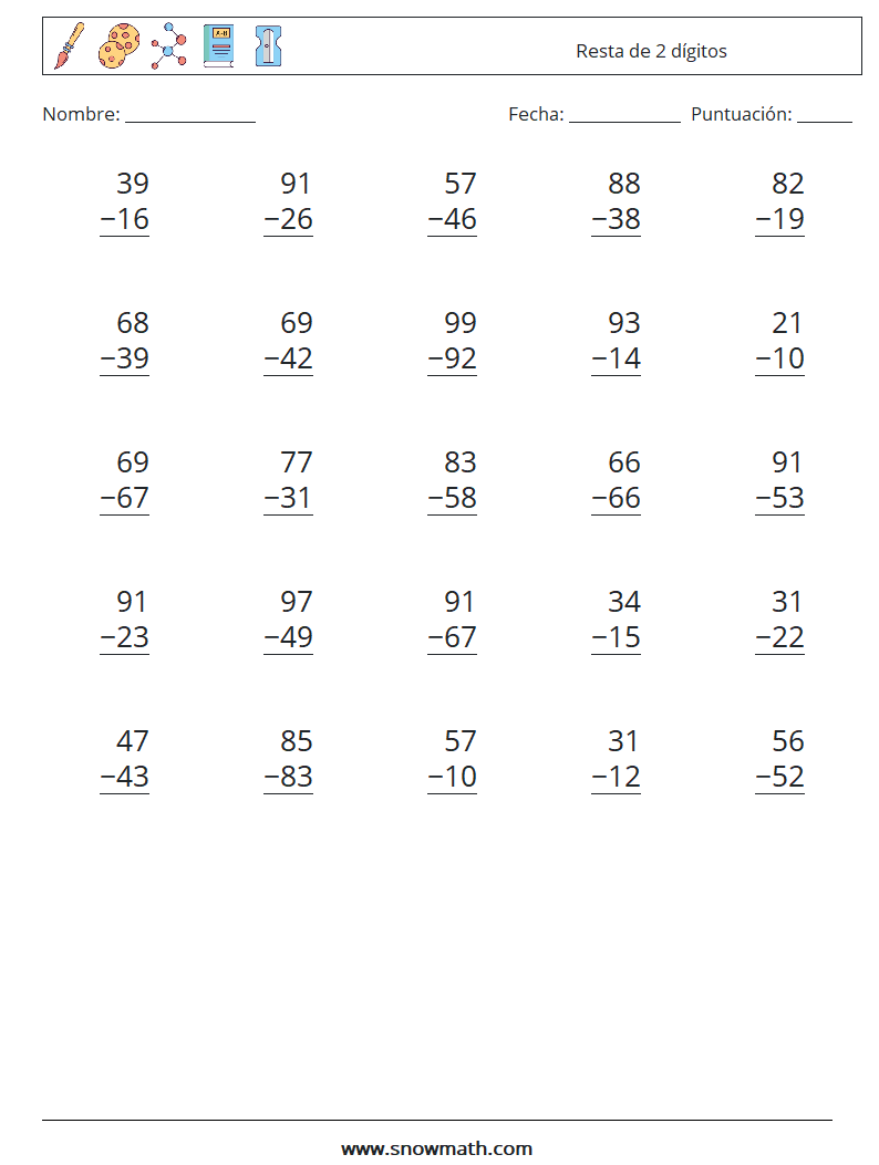 (25) Resta de 2 dígitos Hojas de trabajo de matemáticas 13