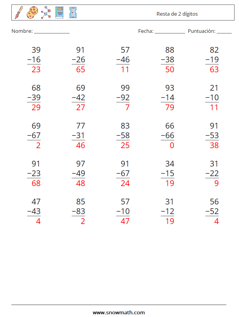 (25) Resta de 2 dígitos Hojas de trabajo de matemáticas 13 Pregunta, respuesta