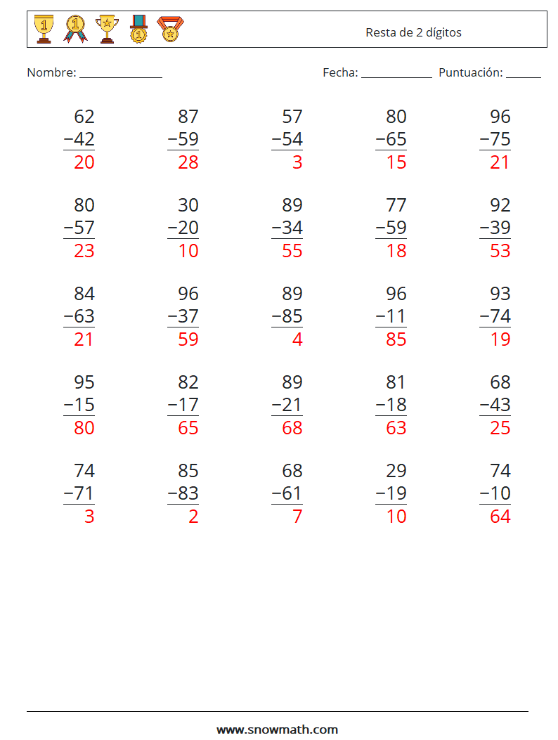 (25) Resta de 2 dígitos Hojas de trabajo de matemáticas 14 Pregunta, respuesta