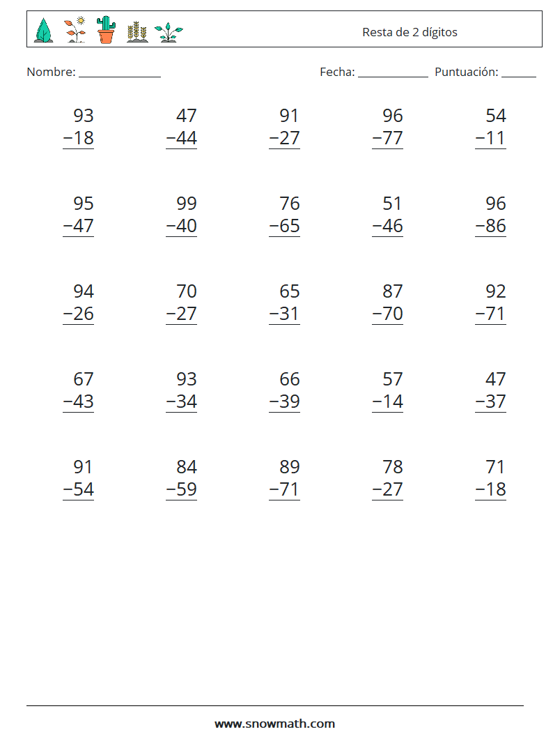 (25) Resta de 2 dígitos Hojas de trabajo de matemáticas 15