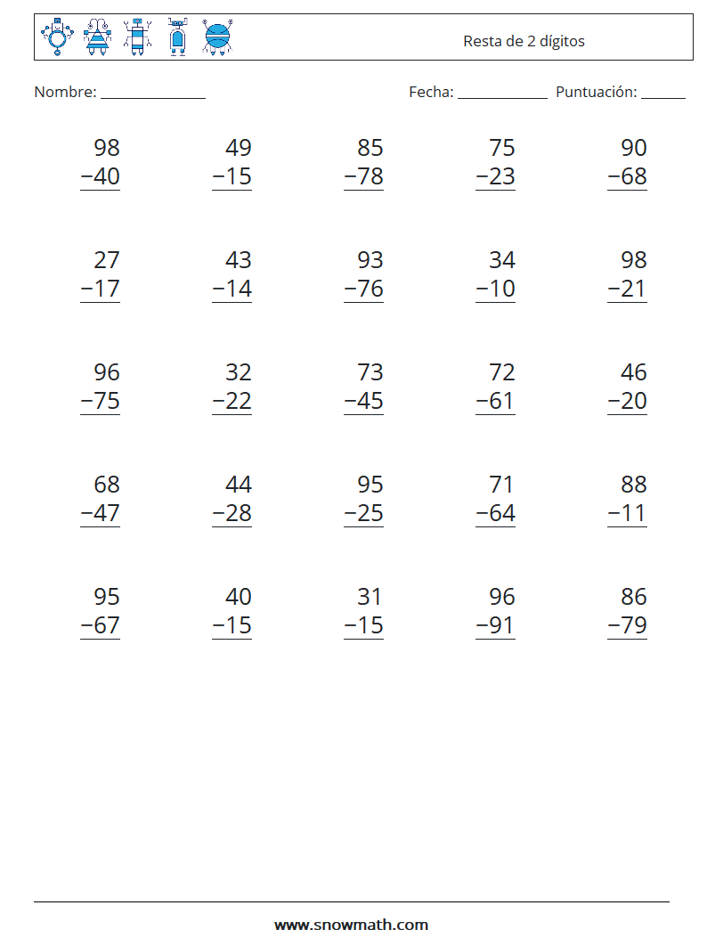 (25) Resta de 2 dígitos Hojas de trabajo de matemáticas 16