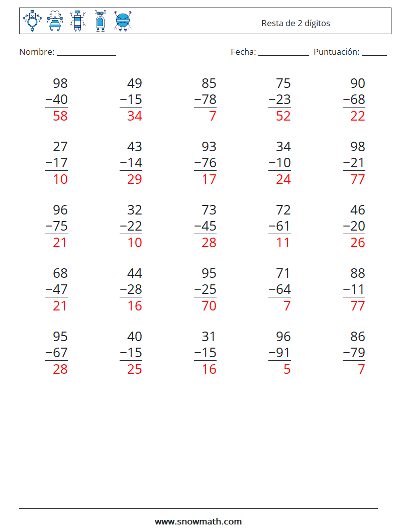 (25) Resta de 2 dígitos Hojas de trabajo de matemáticas 16 Pregunta, respuesta