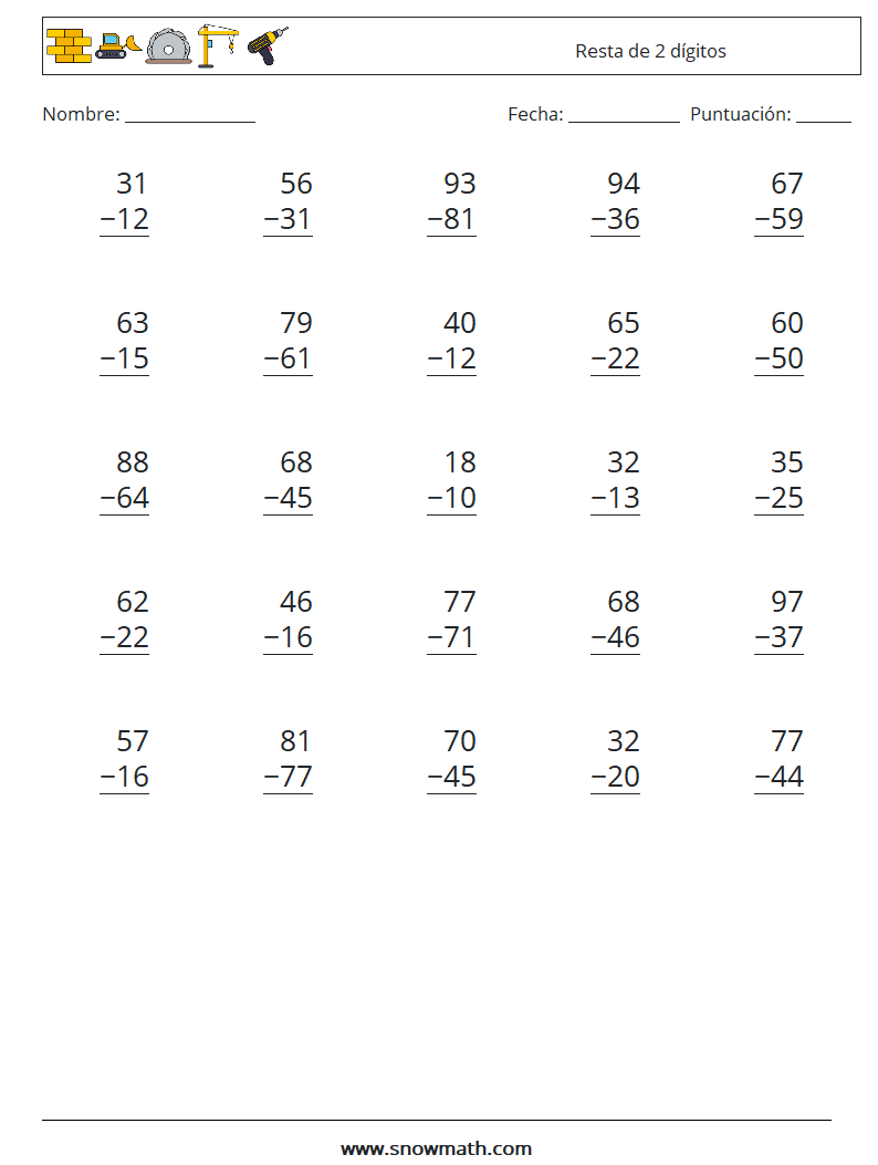 (25) Resta de 2 dígitos Hojas de trabajo de matemáticas 17