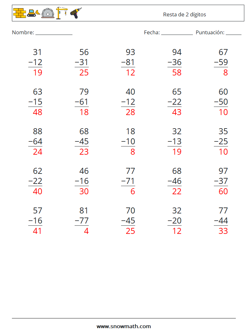 (25) Resta de 2 dígitos Hojas de trabajo de matemáticas 17 Pregunta, respuesta