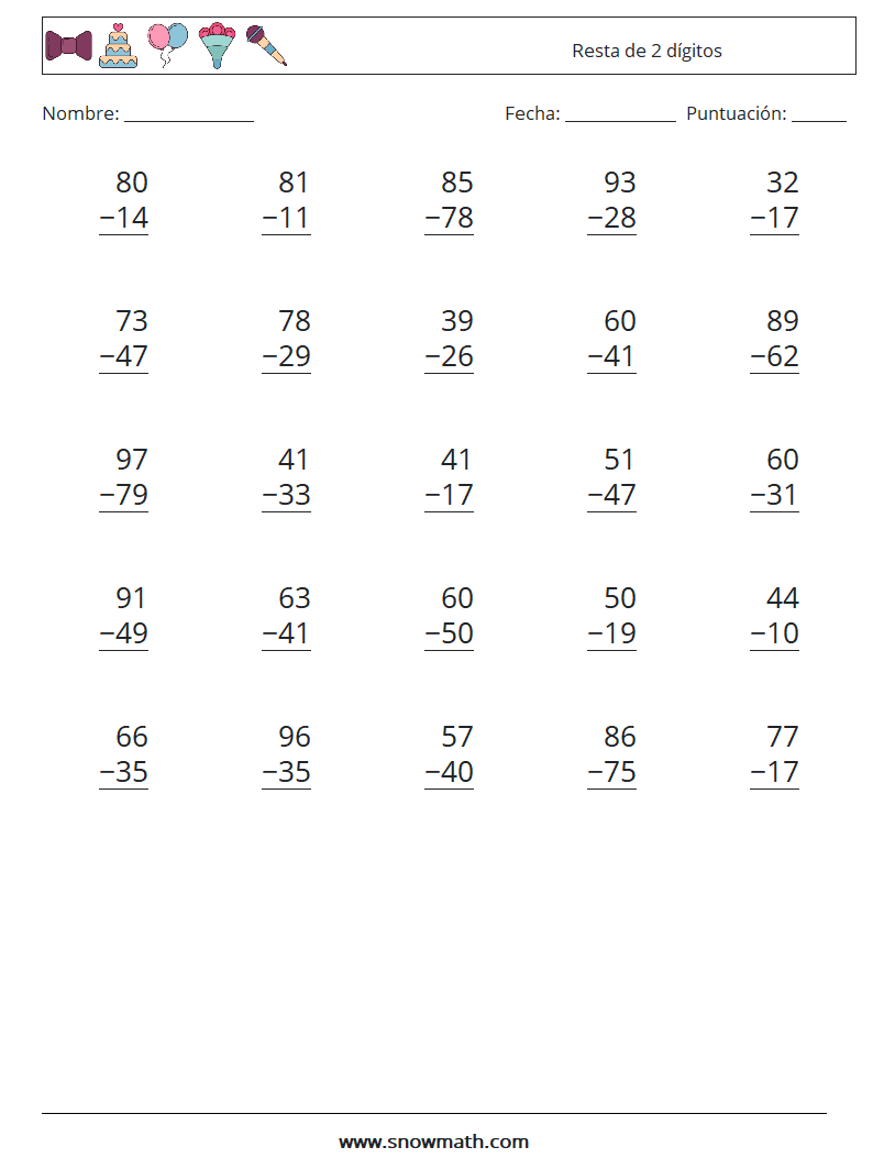 (25) Resta de 2 dígitos Hojas de trabajo de matemáticas 2