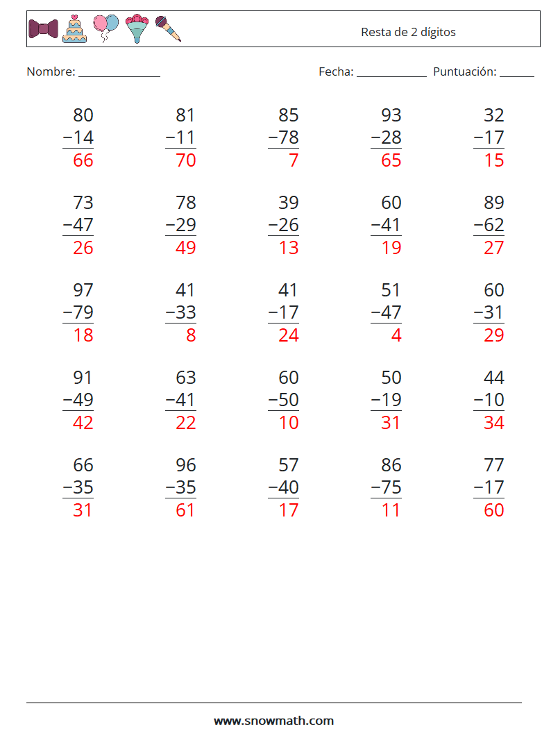 (25) Resta de 2 dígitos Hojas de trabajo de matemáticas 2 Pregunta, respuesta