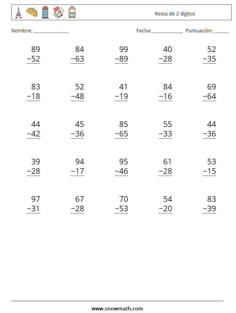 (25) Resta de 2 dígitos Hojas de trabajo de matemáticas 3