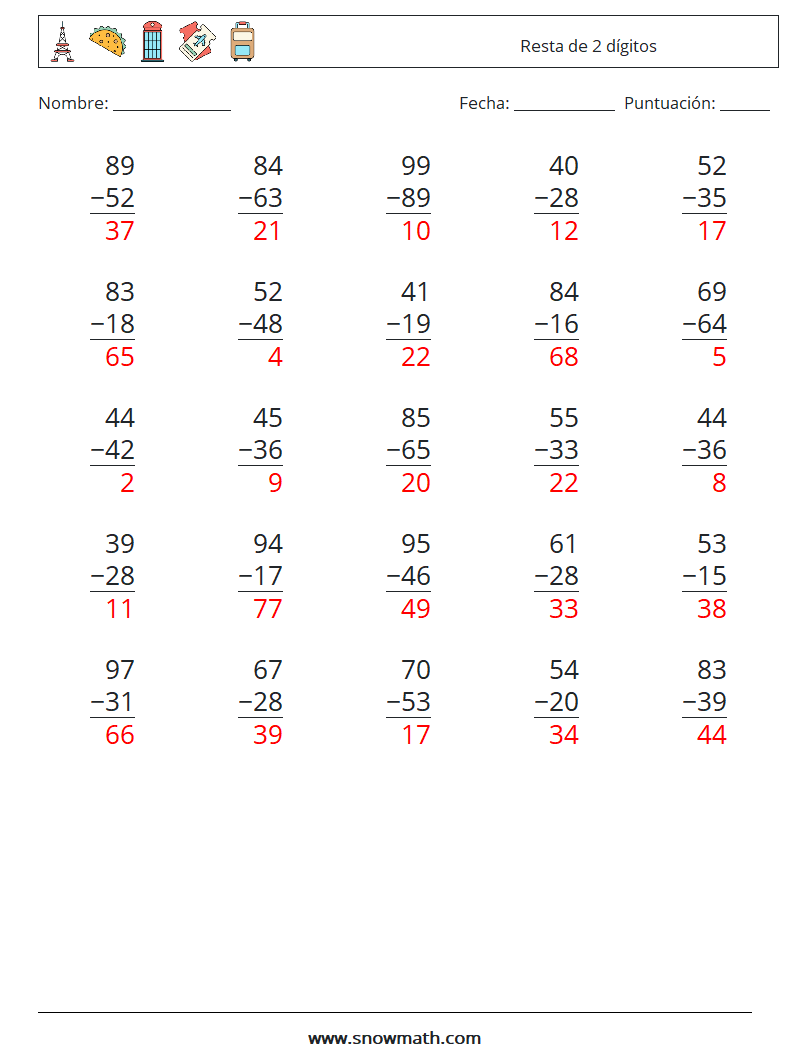 (25) Resta de 2 dígitos Hojas de trabajo de matemáticas 3 Pregunta, respuesta