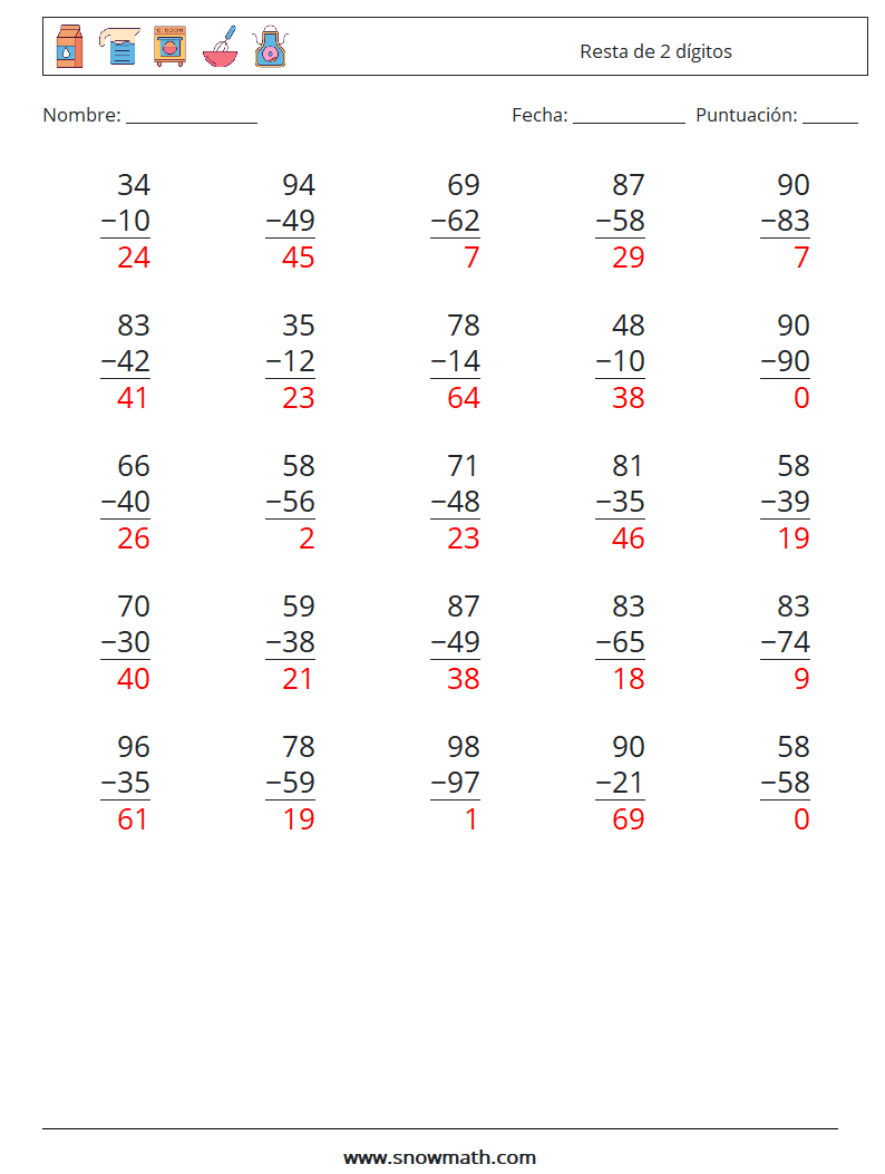 (25) Resta de 2 dígitos Hojas de trabajo de matemáticas 4 Pregunta, respuesta