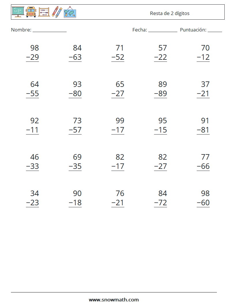 (25) Resta de 2 dígitos Hojas de trabajo de matemáticas 5