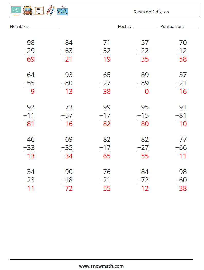 (25) Resta de 2 dígitos Hojas de trabajo de matemáticas 5 Pregunta, respuesta