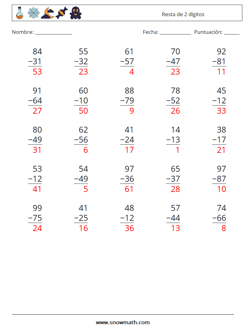 (25) Resta de 2 dígitos Hojas de trabajo de matemáticas 7 Pregunta, respuesta