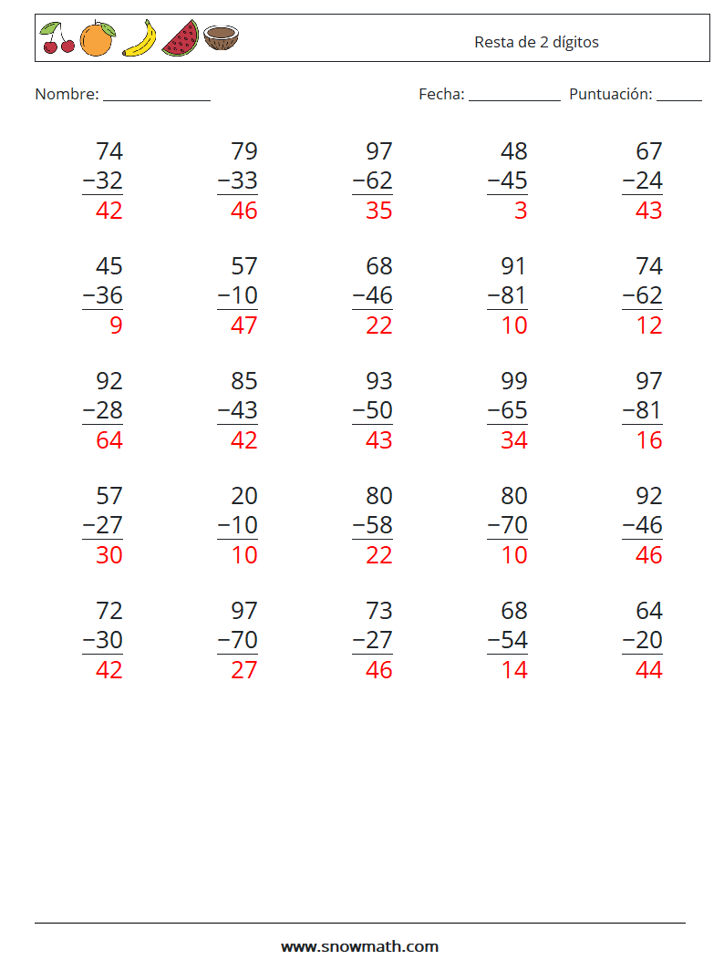 (25) Resta de 2 dígitos Hojas de trabajo de matemáticas 8 Pregunta, respuesta