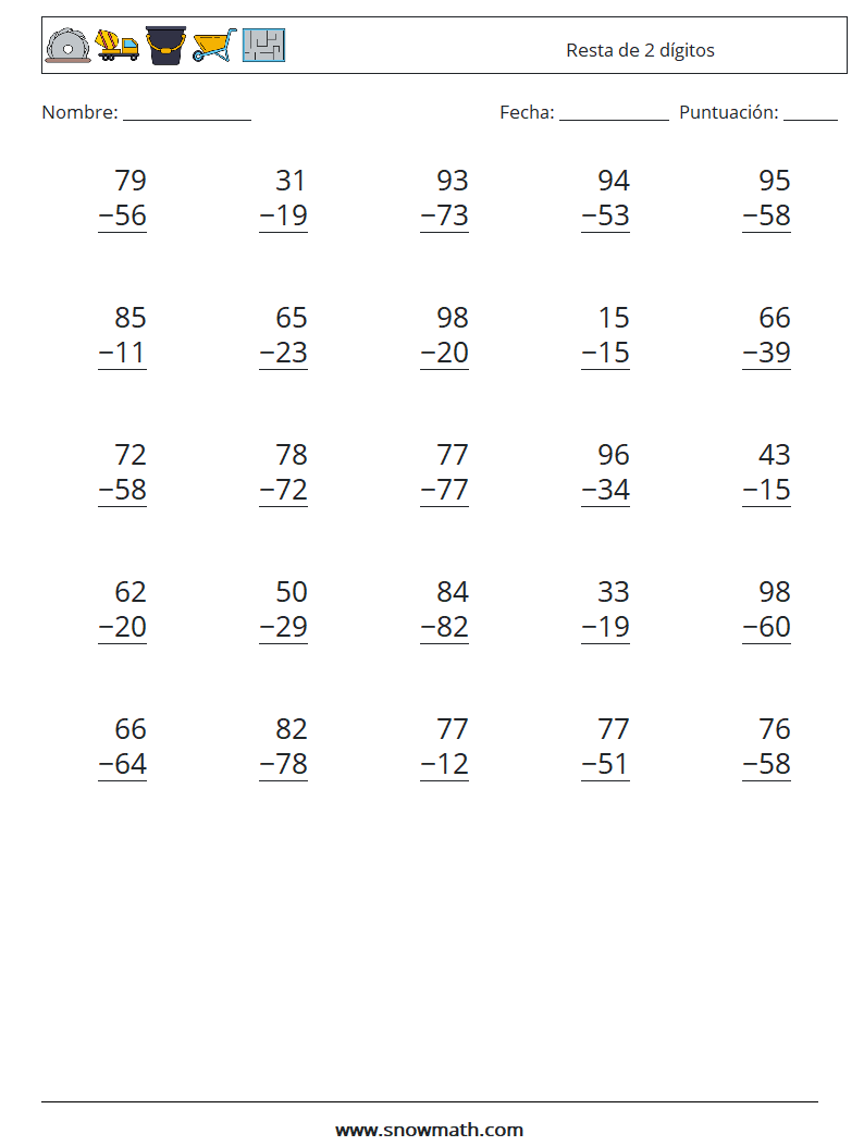 (25) Resta de 2 dígitos Hojas de trabajo de matemáticas 9