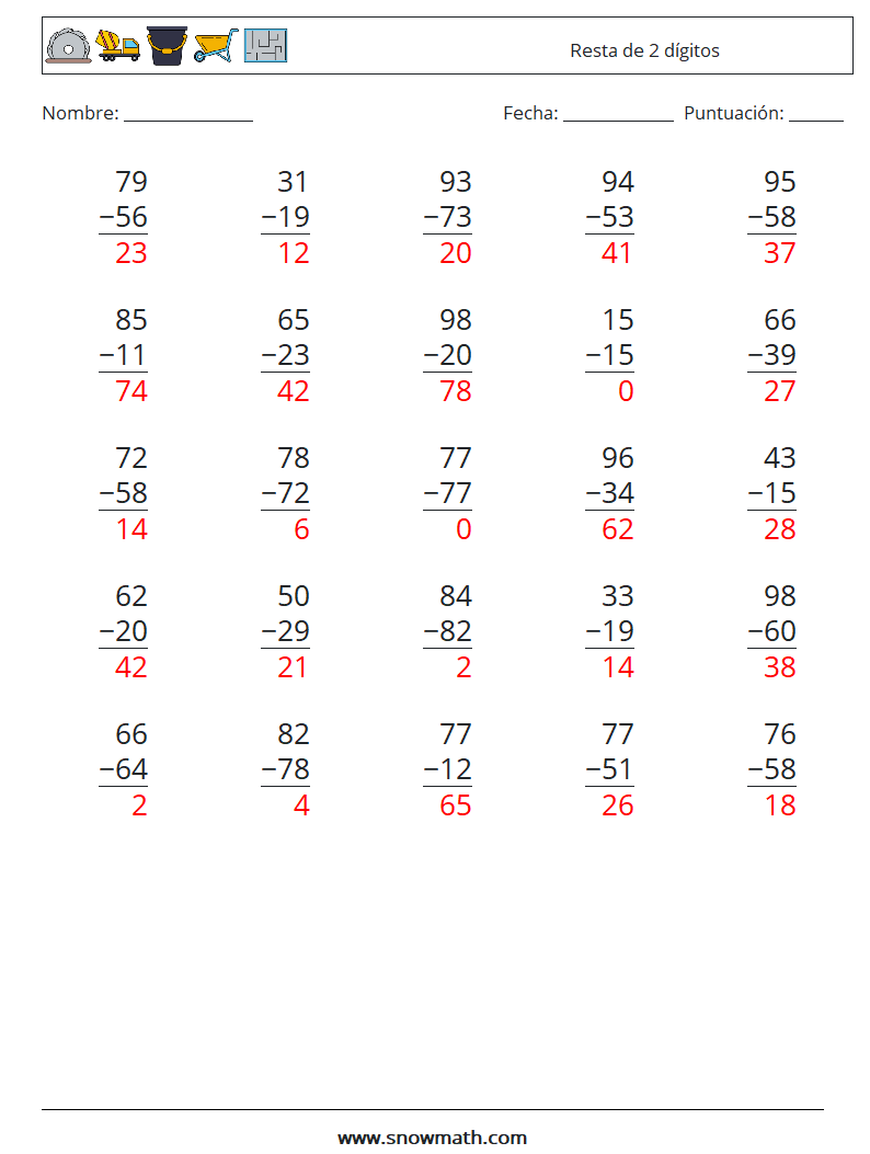 (25) Resta de 2 dígitos Hojas de trabajo de matemáticas 9 Pregunta, respuesta