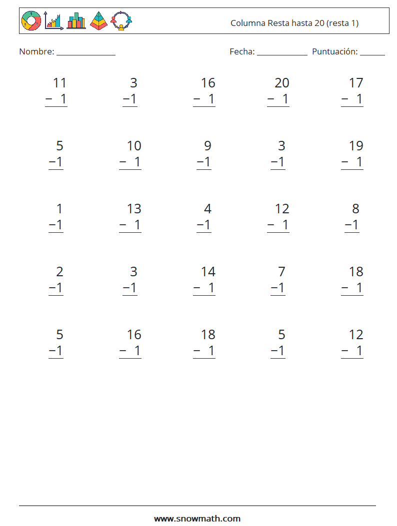 (25) Columna Resta hasta 20 (resta 1) Hojas de trabajo de matemáticas 1