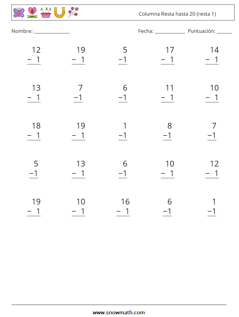 (25) Columna Resta hasta 20 (resta 1) Hojas de trabajo de matemáticas 10