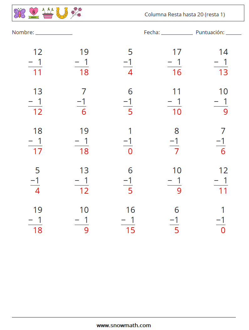 (25) Columna Resta hasta 20 (resta 1) Hojas de trabajo de matemáticas 10 Pregunta, respuesta