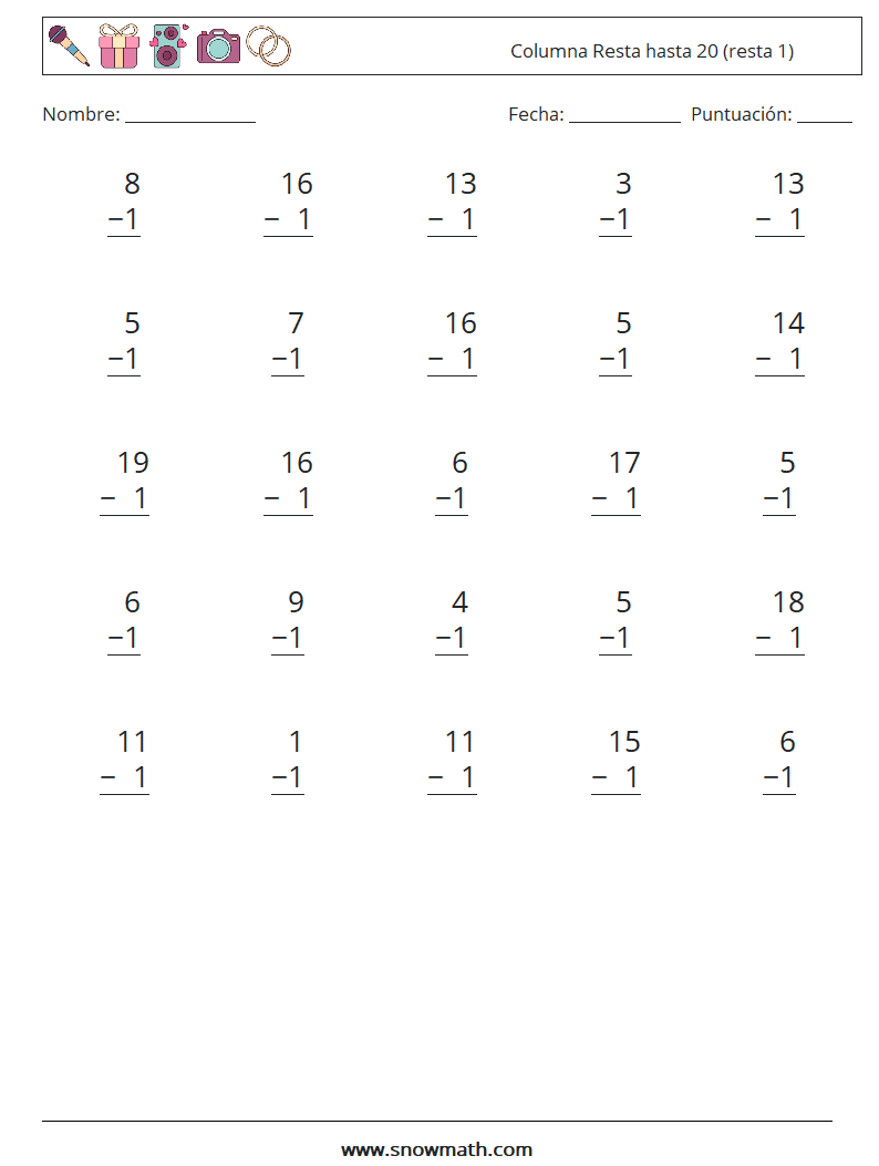 (25) Columna Resta hasta 20 (resta 1) Hojas de trabajo de matemáticas 11