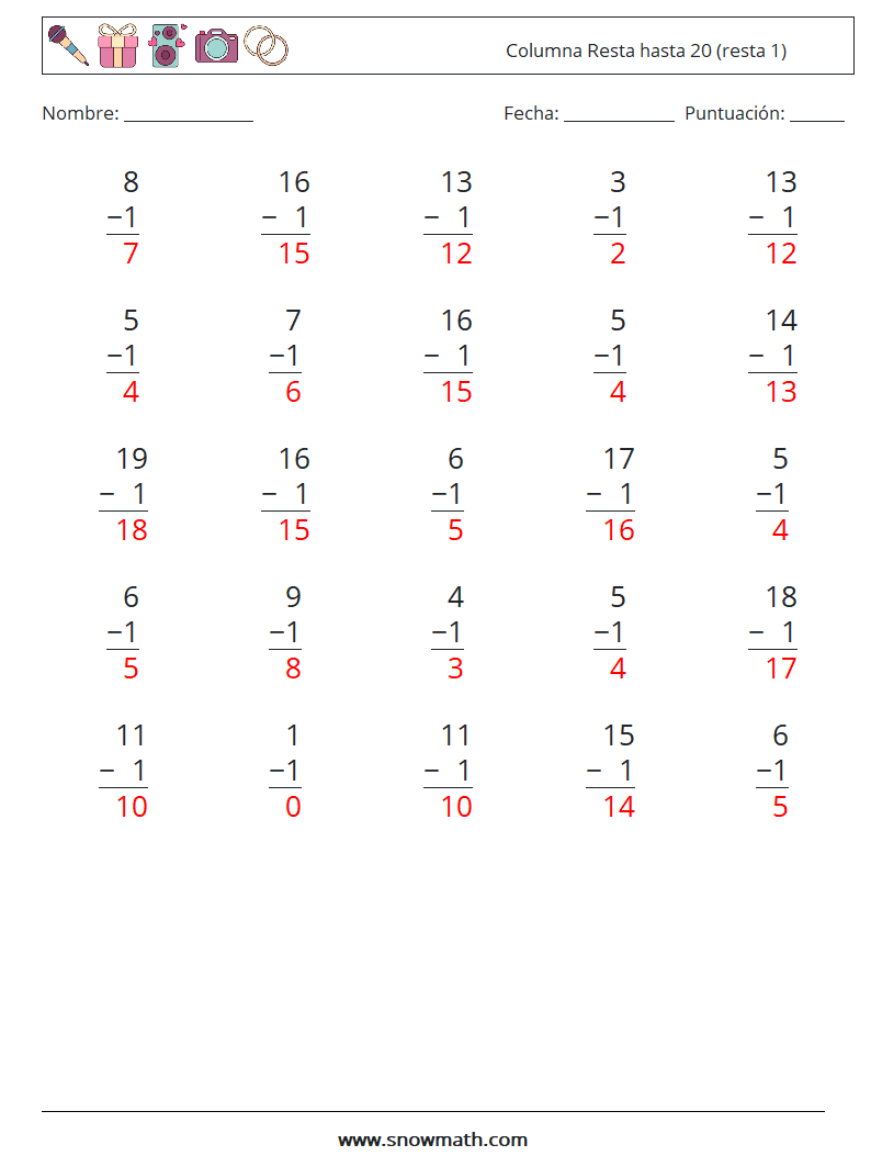 (25) Columna Resta hasta 20 (resta 1) Hojas de trabajo de matemáticas 11 Pregunta, respuesta