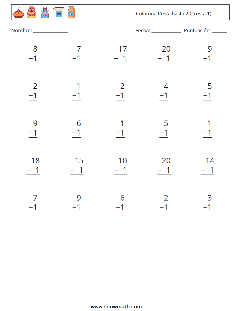 (25) Columna Resta hasta 20 (resta 1) Hojas de trabajo de matemáticas 12