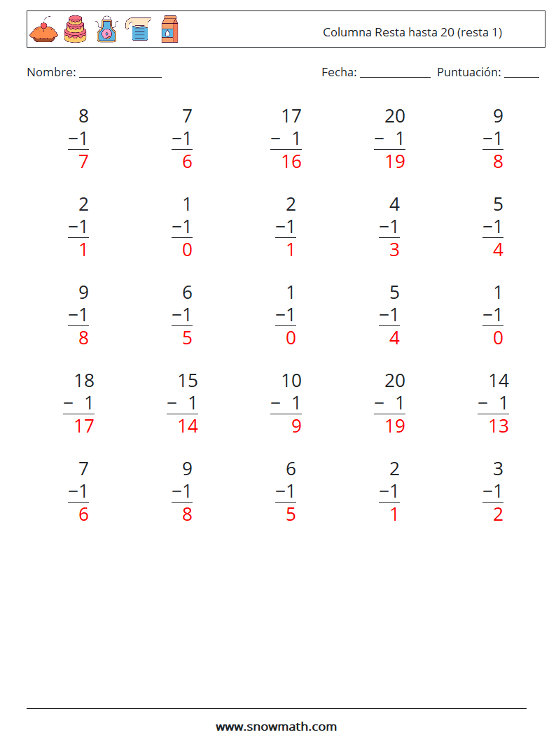 (25) Columna Resta hasta 20 (resta 1) Hojas de trabajo de matemáticas 12 Pregunta, respuesta