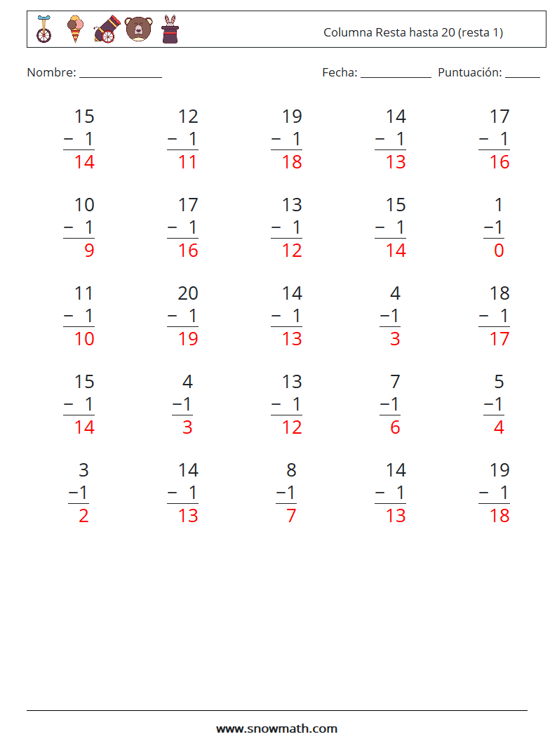 (25) Columna Resta hasta 20 (resta 1) Hojas de trabajo de matemáticas 13 Pregunta, respuesta