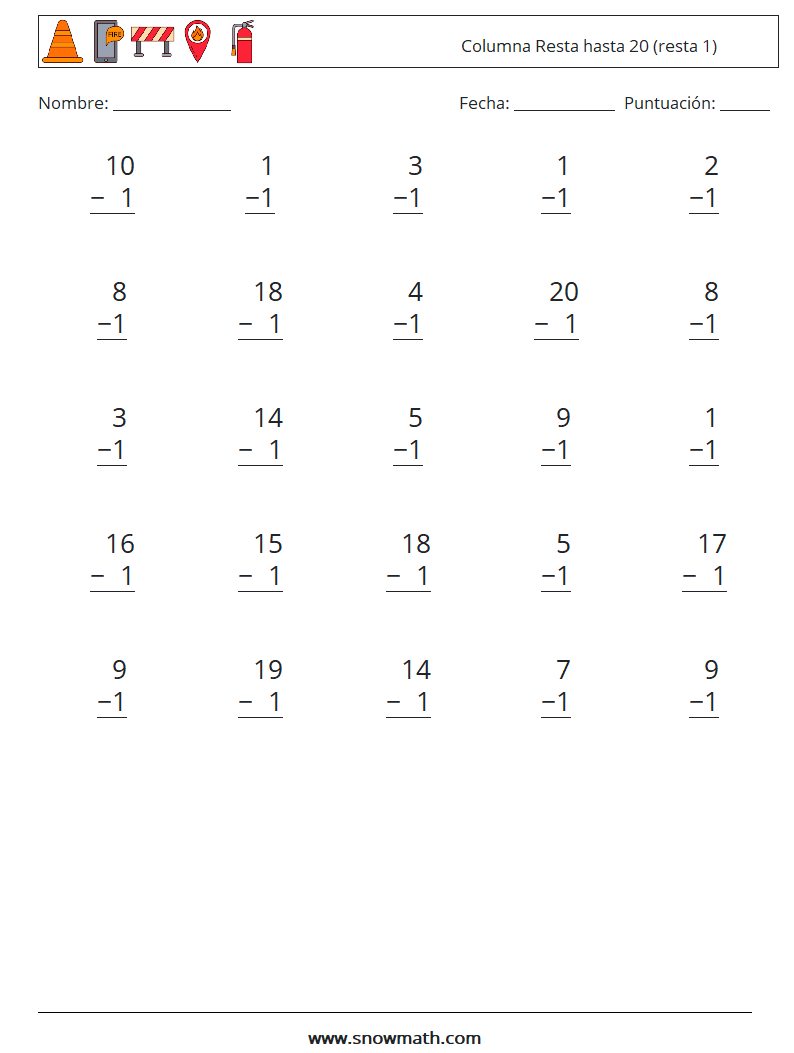 (25) Columna Resta hasta 20 (resta 1) Hojas de trabajo de matemáticas 14