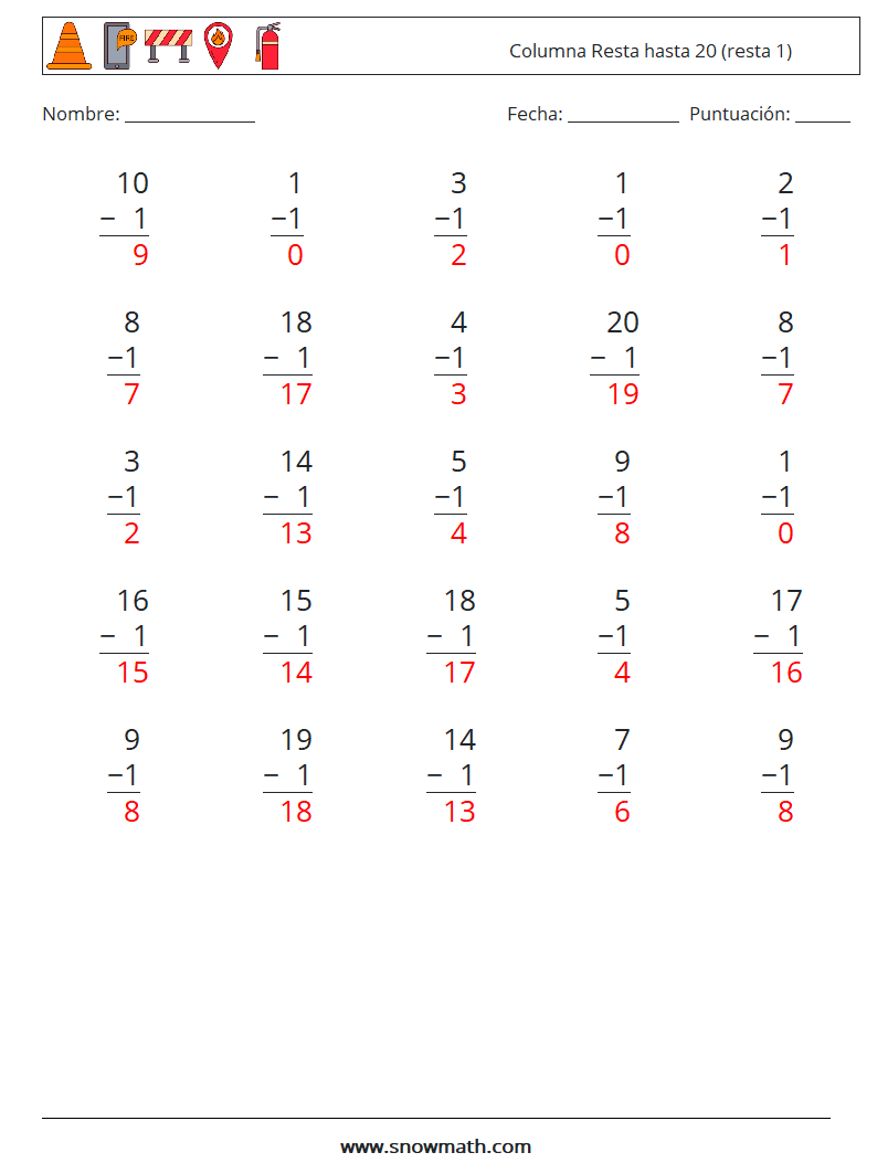 (25) Columna Resta hasta 20 (resta 1) Hojas de trabajo de matemáticas 14 Pregunta, respuesta