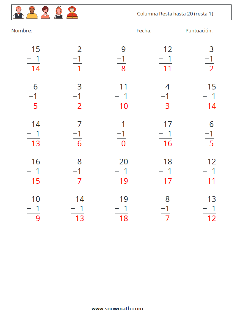 (25) Columna Resta hasta 20 (resta 1) Hojas de trabajo de matemáticas 15 Pregunta, respuesta