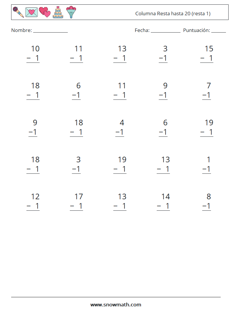 (25) Columna Resta hasta 20 (resta 1) Hojas de trabajo de matemáticas 16