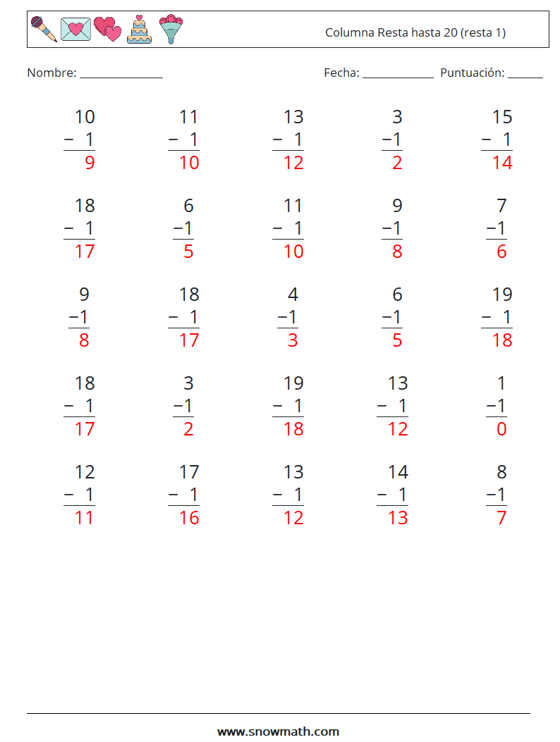 (25) Columna Resta hasta 20 (resta 1) Hojas de trabajo de matemáticas 16 Pregunta, respuesta