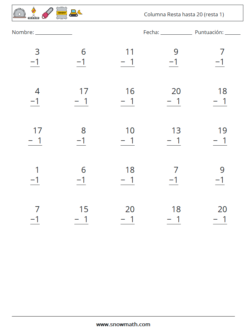 (25) Columna Resta hasta 20 (resta 1) Hojas de trabajo de matemáticas 17