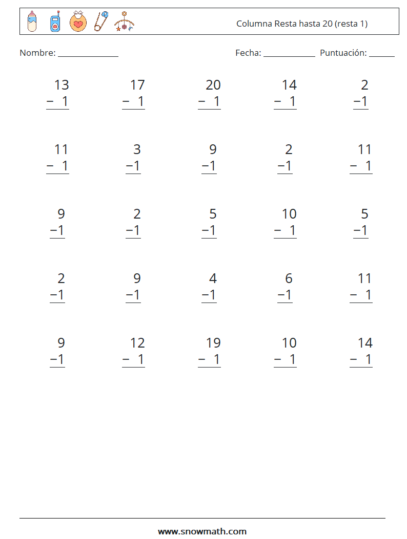 (25) Columna Resta hasta 20 (resta 1) Hojas de trabajo de matemáticas 18