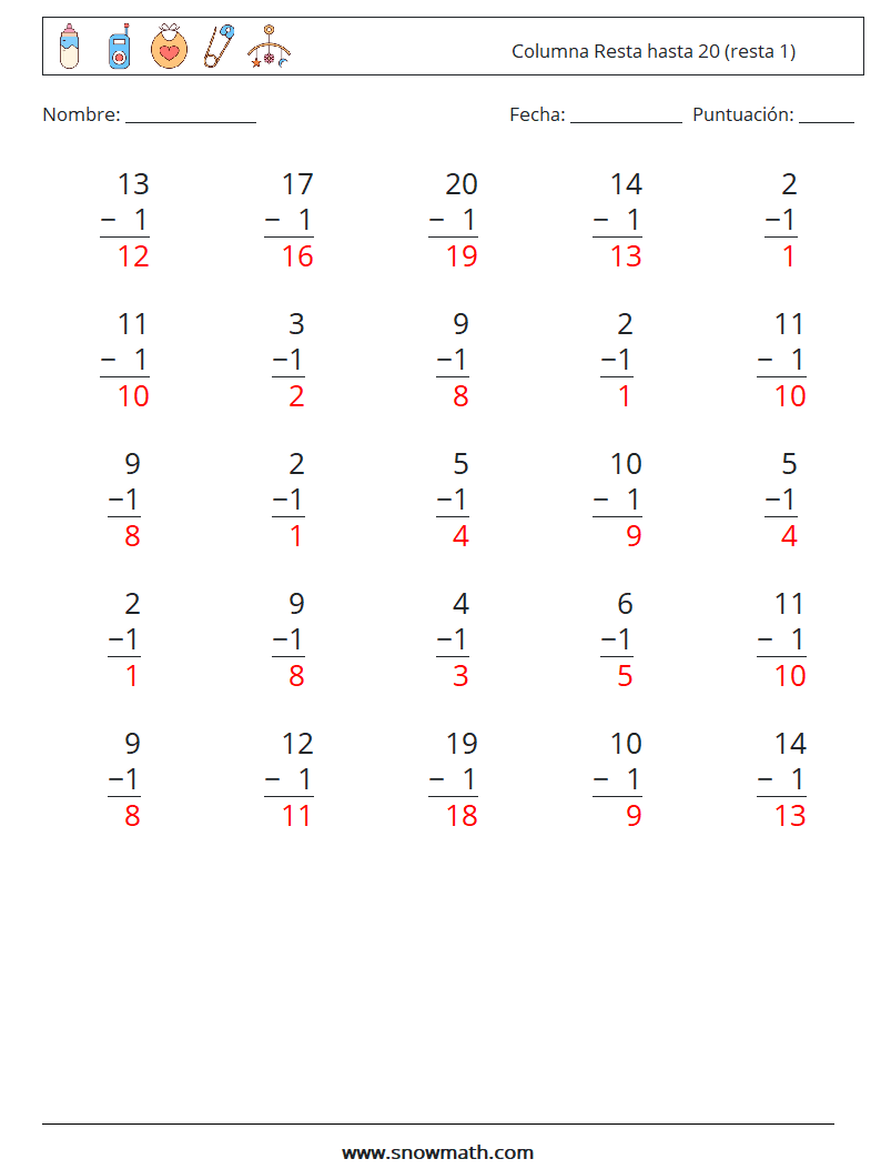 (25) Columna Resta hasta 20 (resta 1) Hojas de trabajo de matemáticas 18 Pregunta, respuesta