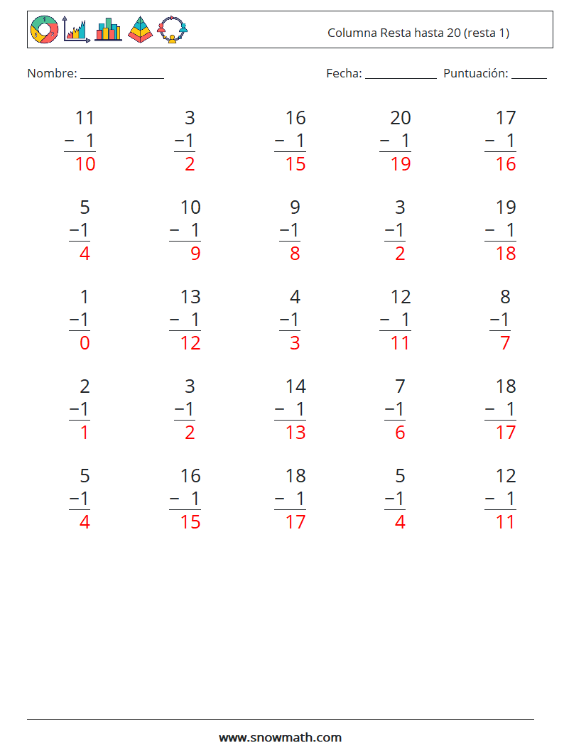 (25) Columna Resta hasta 20 (resta 1) Hojas de trabajo de matemáticas 1 Pregunta, respuesta