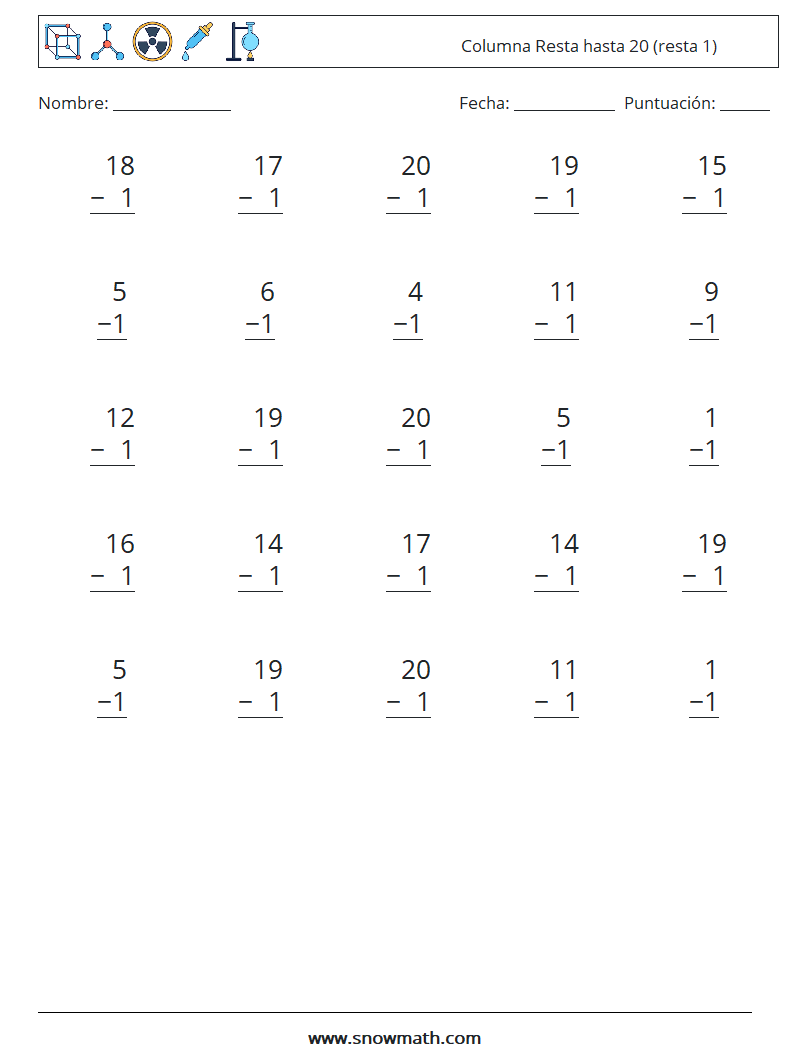 (25) Columna Resta hasta 20 (resta 1) Hojas de trabajo de matemáticas 2