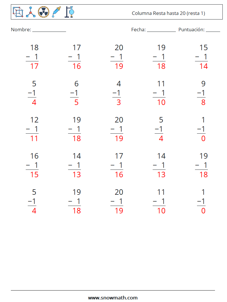 (25) Columna Resta hasta 20 (resta 1) Hojas de trabajo de matemáticas 2 Pregunta, respuesta