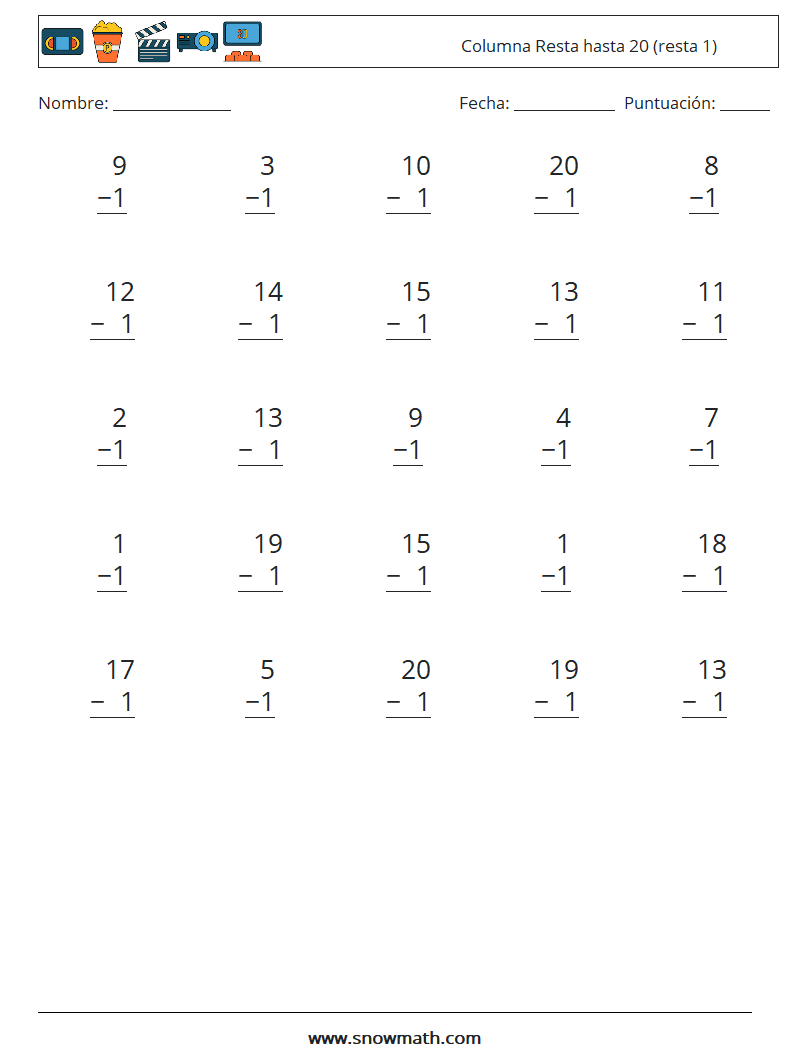 (25) Columna Resta hasta 20 (resta 1) Hojas de trabajo de matemáticas 3