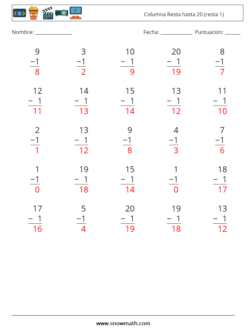 (25) Columna Resta hasta 20 (resta 1) Hojas de trabajo de matemáticas 3 Pregunta, respuesta