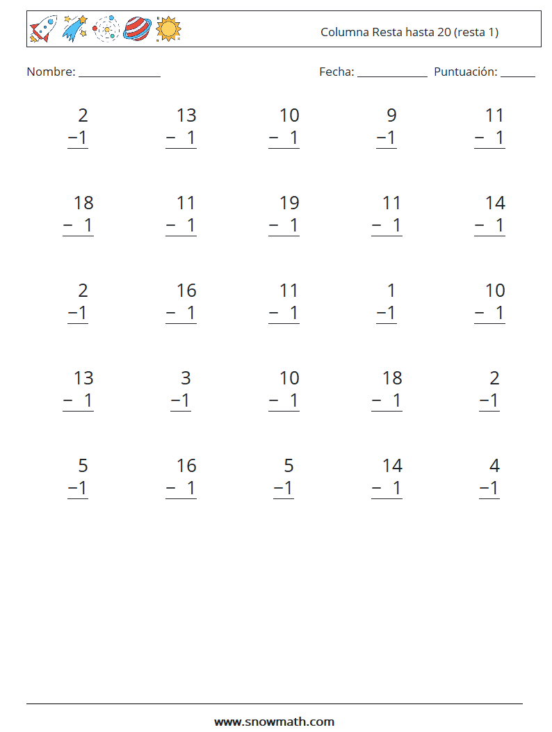 (25) Columna Resta hasta 20 (resta 1) Hojas de trabajo de matemáticas 4