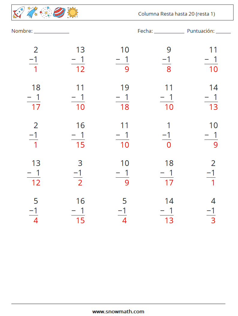 (25) Columna Resta hasta 20 (resta 1) Hojas de trabajo de matemáticas 4 Pregunta, respuesta