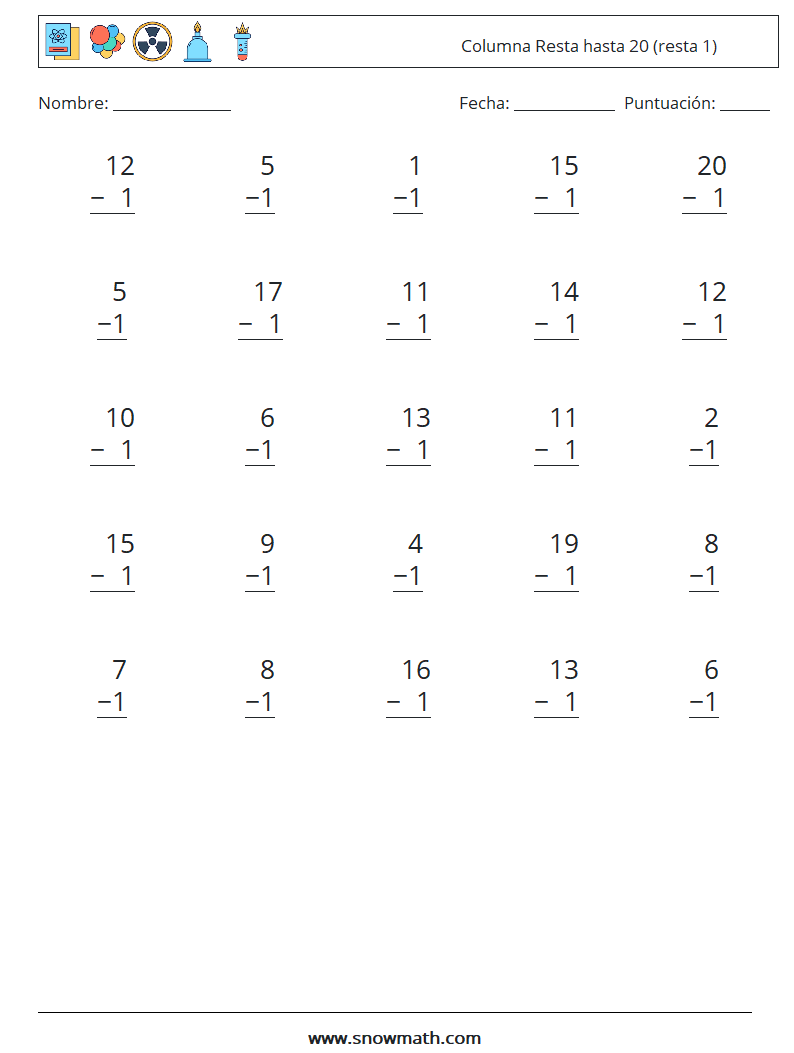 (25) Columna Resta hasta 20 (resta 1) Hojas de trabajo de matemáticas 5