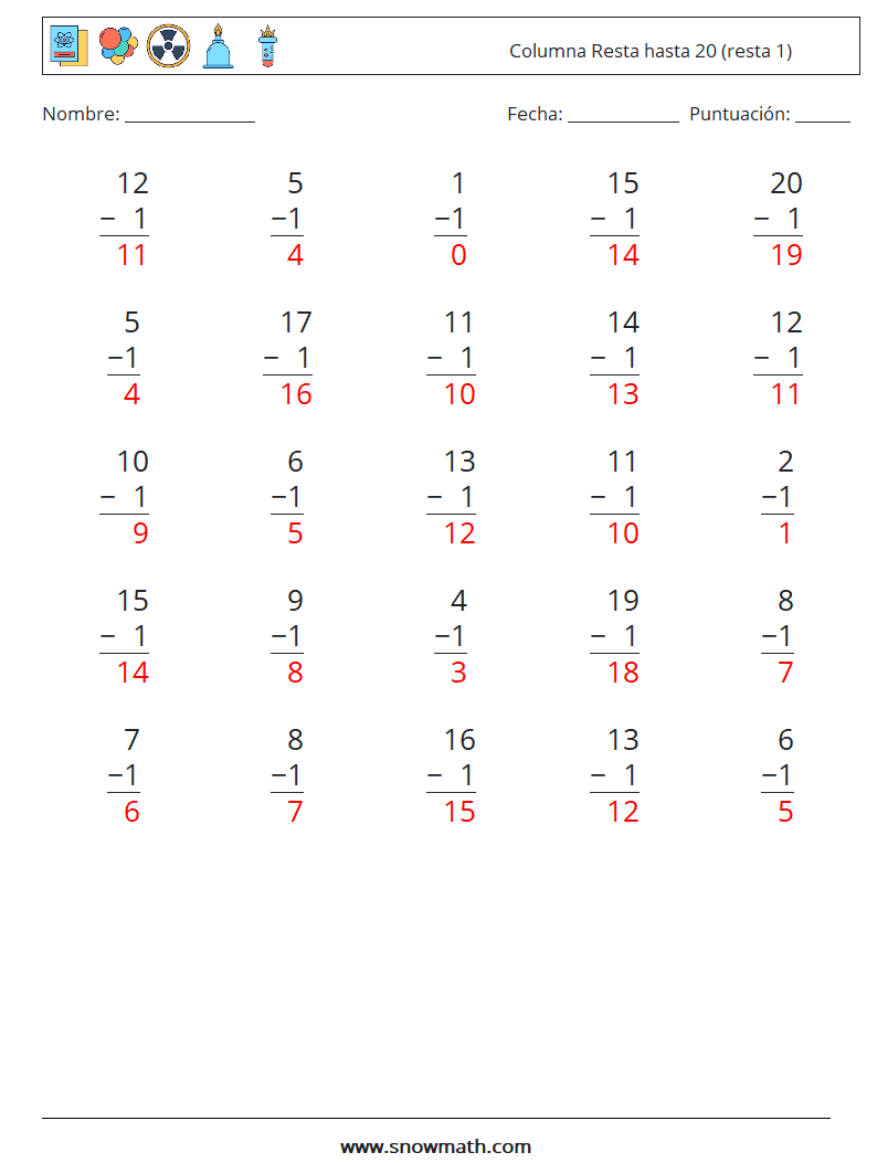 (25) Columna Resta hasta 20 (resta 1) Hojas de trabajo de matemáticas 5 Pregunta, respuesta