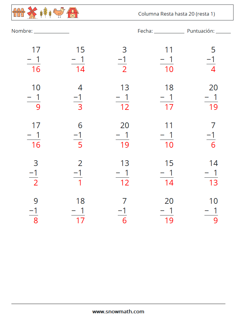 (25) Columna Resta hasta 20 (resta 1) Hojas de trabajo de matemáticas 6 Pregunta, respuesta