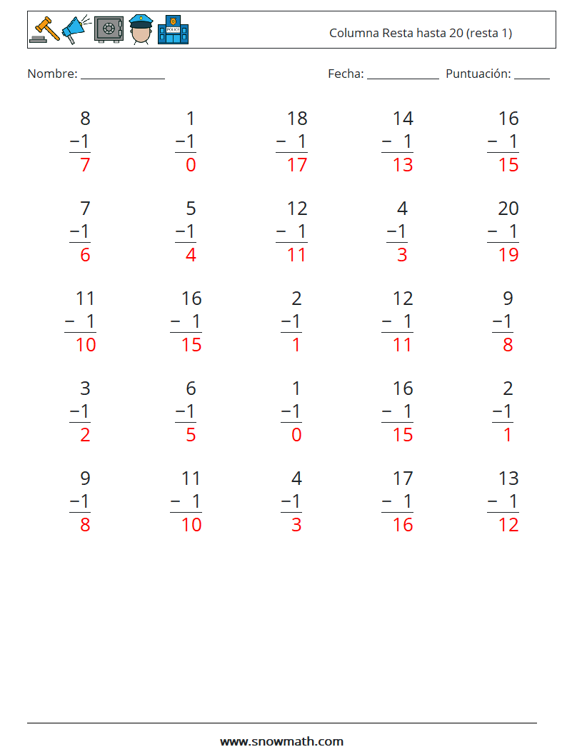 (25) Columna Resta hasta 20 (resta 1) Hojas de trabajo de matemáticas 7 Pregunta, respuesta