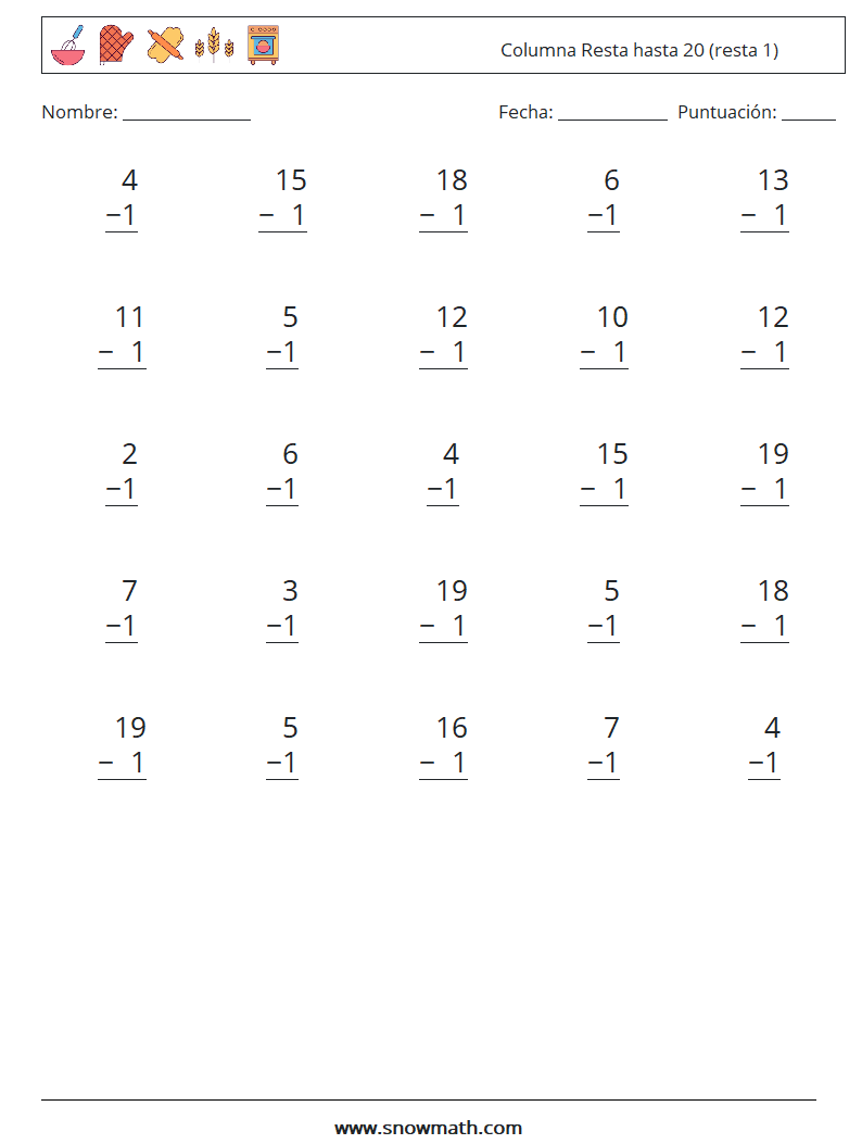 (25) Columna Resta hasta 20 (resta 1) Hojas de trabajo de matemáticas 8