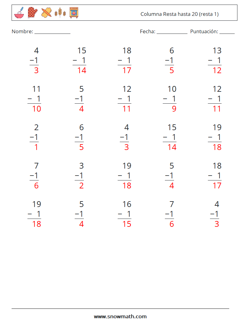 (25) Columna Resta hasta 20 (resta 1) Hojas de trabajo de matemáticas 8 Pregunta, respuesta