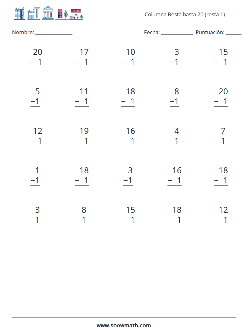 (25) Columna Resta hasta 20 (resta 1) Hojas de trabajo de matemáticas 9